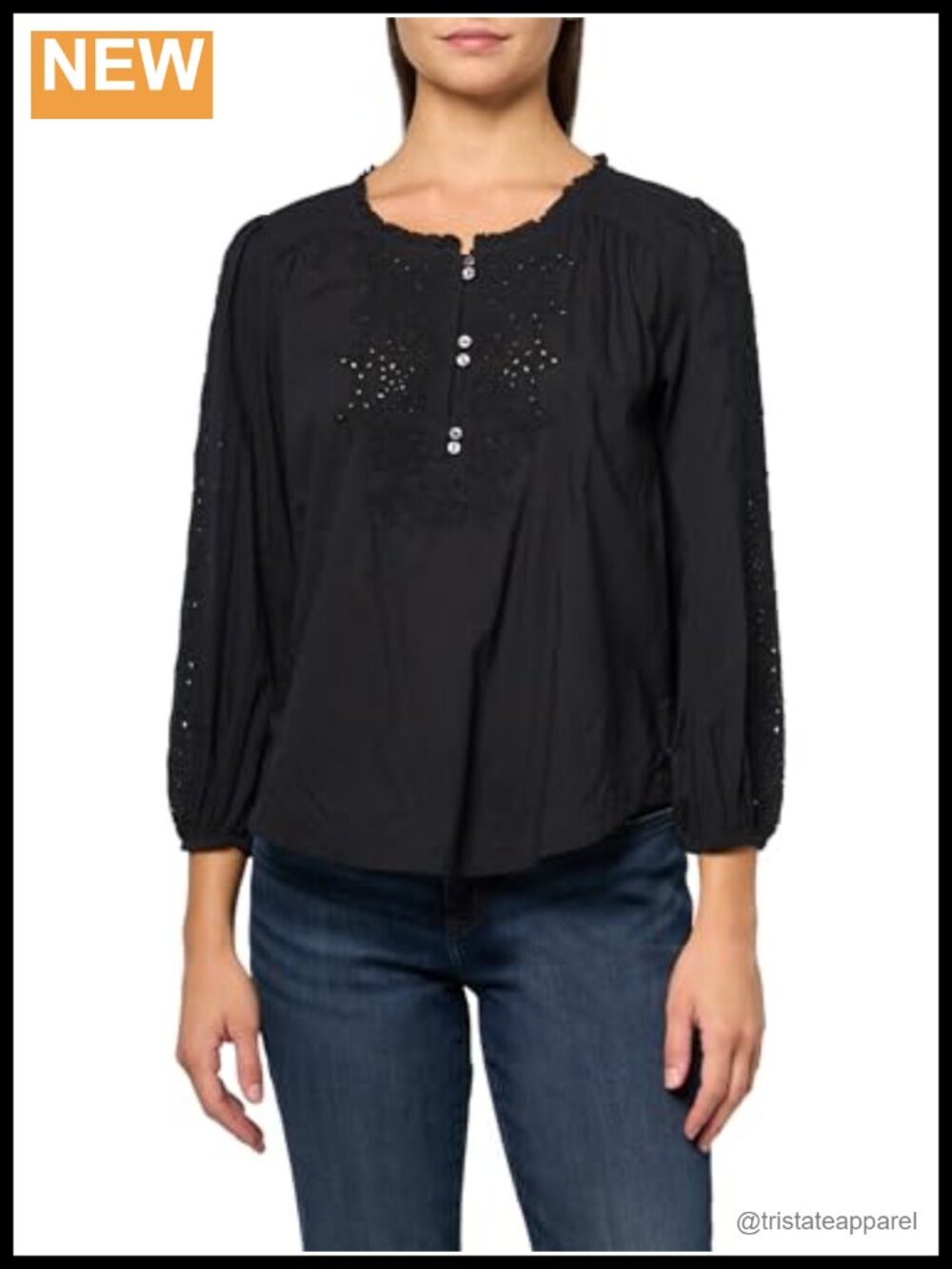 Lucky Brand Women's Eyelet Henley 3/4 Sleeve Peasant Top - Cotton Blend